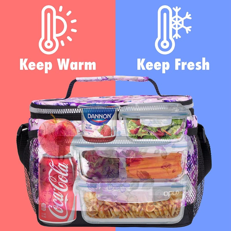 opux Insulated Lunch Box Men Women, Lunch Bag for Work School, Leakproof Soft Cooler Tote Adult, Large Lunch Pail Kids Boys Girls, Picnic Beach Food Bag with Shoulder Strap, Purple Floral - Image 2